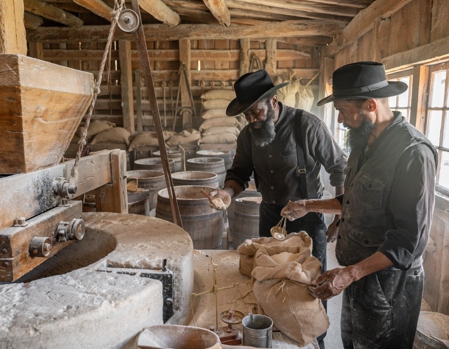 Amish craftsmen working in the growing settlement
